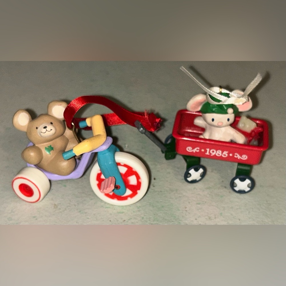 2 Hallmark Keepsake Ornaments 1985 Beary Smooth Ride & 1985 Mouse Wagon No Box